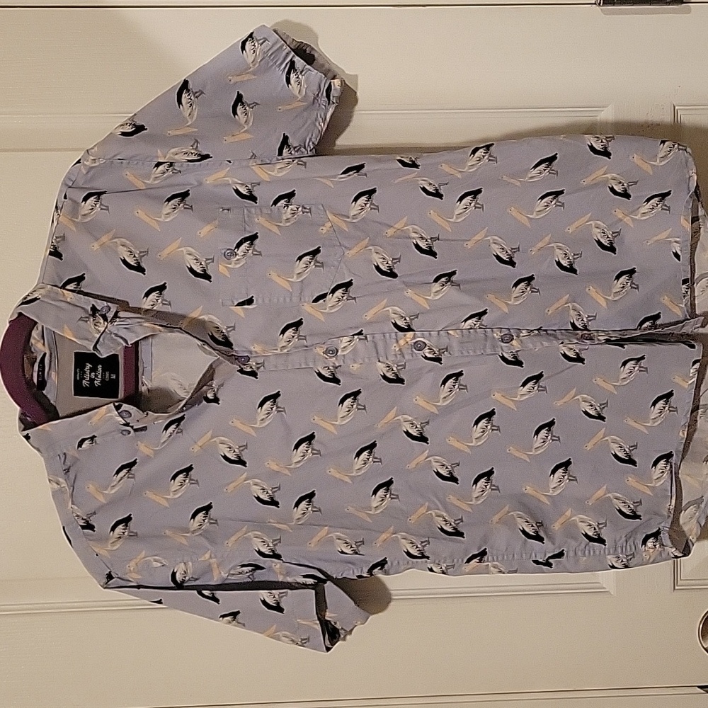 Men's Bird Print Casual Button Down Shirts - Light Blue and Cream - Picture 2 of 9